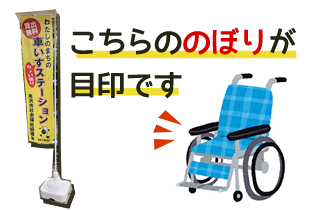 車いすステーションののぼり：こちらののぼりが目印です