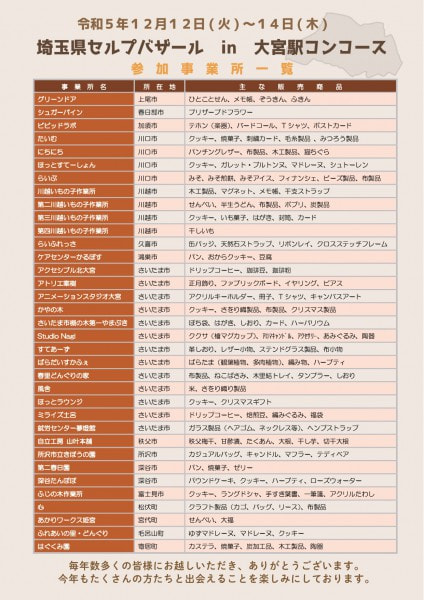 令和5年度埼玉県障害者就労施設支援事業　セルプバザールin大宮駅コンコース 参加事業所一覧